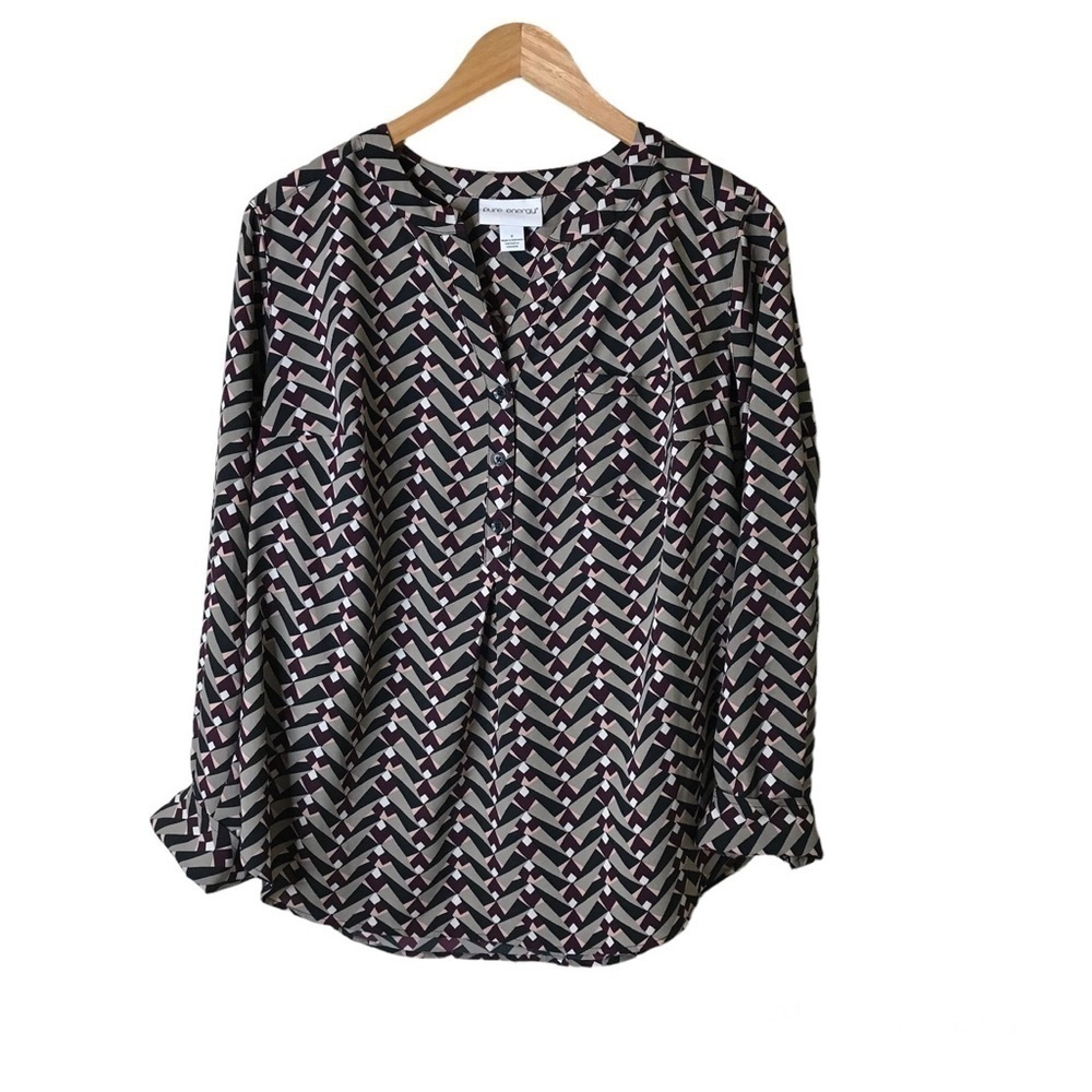 Pure Energy Womens Size X Popover Top Geometric  Print  V Neck Buttons Office‎